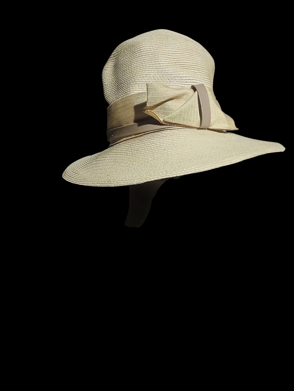 Vintage 1960s Genevieve Wide-Brim Straw Sun Hat with Ribbon Trim - Cream